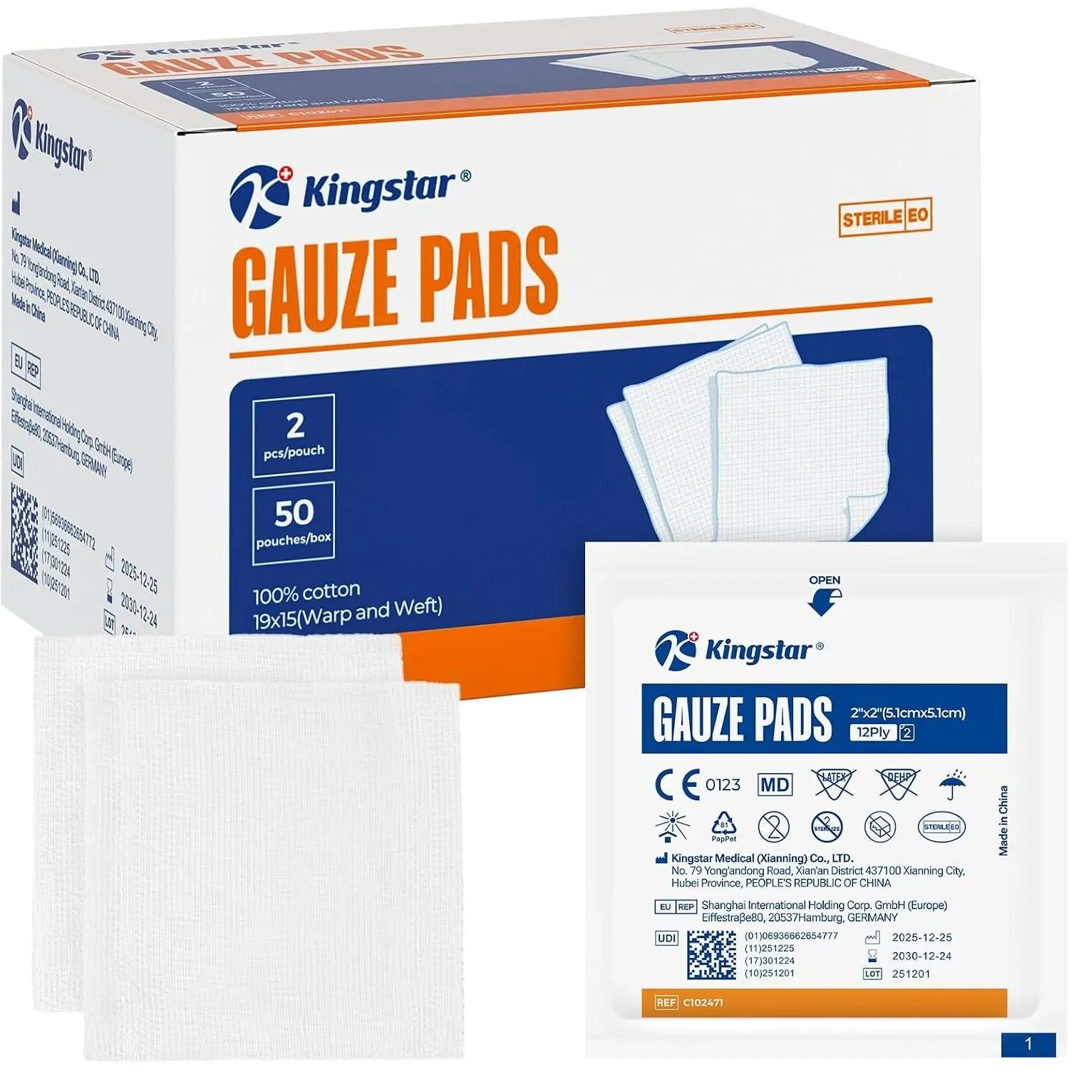 100Pcs Sterile Gauze Pads 2x2 Inch 12-Ply, 100% Cotton Highly Absorbent Gauze for Wound Care, Hospital-Grade First Aid Dressing