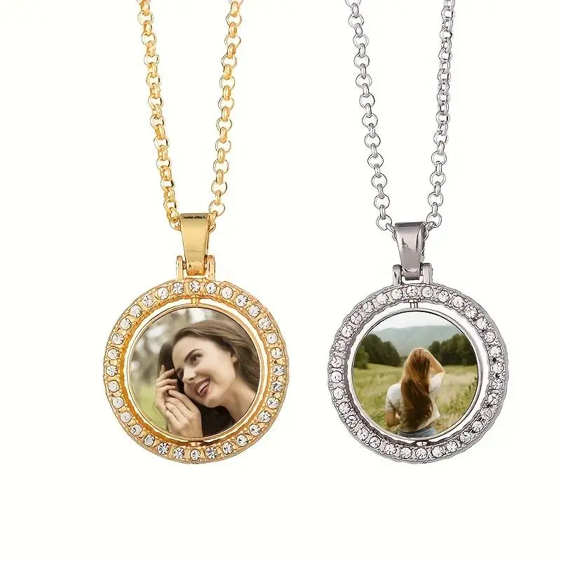 Stylish Personalized Picture Rotatable Round Pendant Necklace Double-Sided DIY Chain Necklace for Custom Unisex Jewelry Gifts