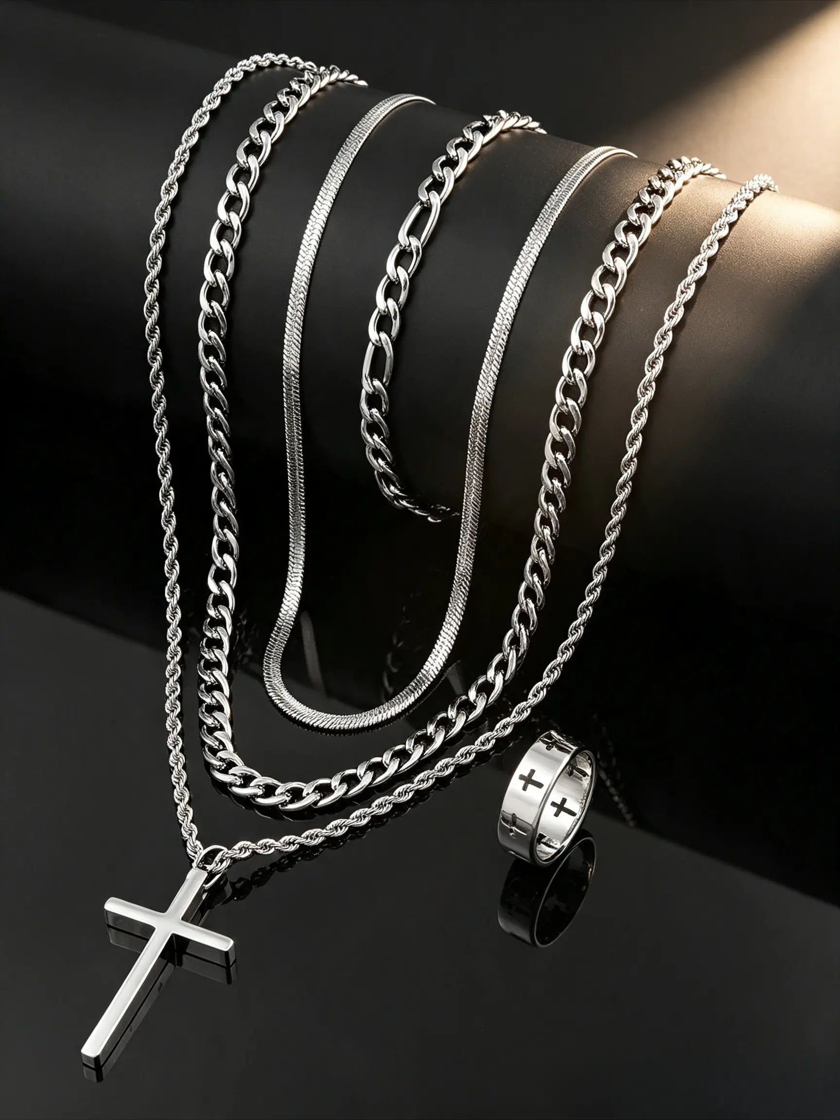 Silver Plated 5Pcs Men Jewelry Set Cross Pendant Layered Necklaces Cross Engraved Band Ring Multi Style Chain Stack Accessories Kit Snake Cuban Rope Chain Hip Hop Religious Ornament For Daily Club Travel Photoshoot Father Birthday Anniversary Holiday Gift