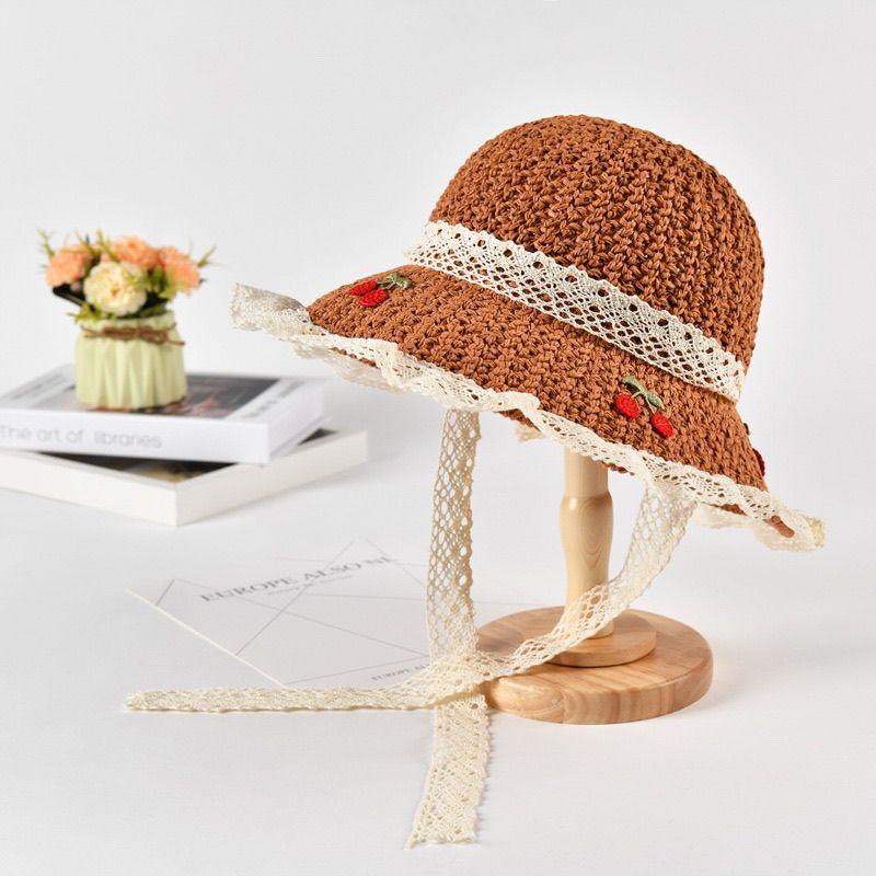 Korean-style Sweet Cherry Embroidered Straw Hat Summer Sun Protection Foldable Trendy Beach Hat for Vacation