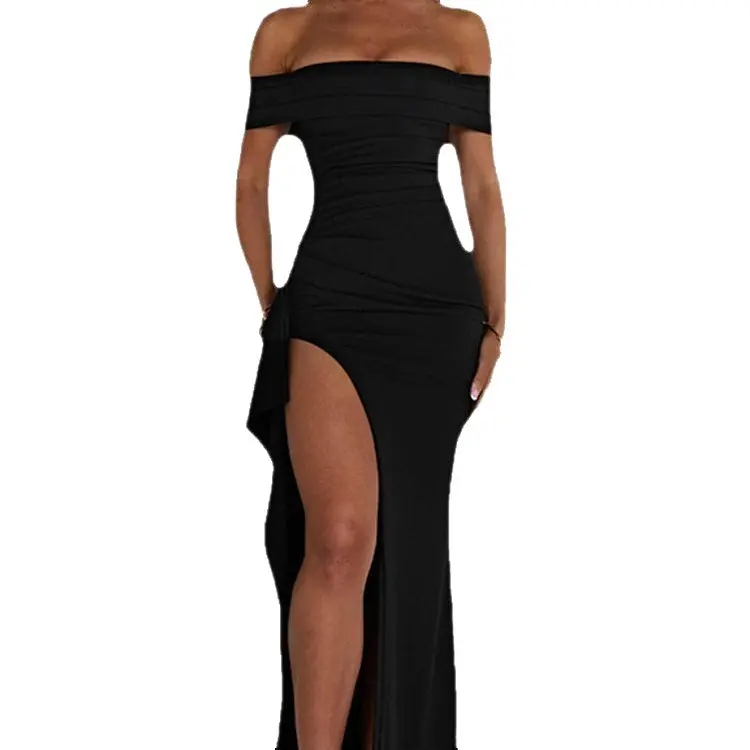 Women Off Shoulder Maxi Dress Elegant High Split Bodycon Evening Party Gown Sexy Slim Fit Formal Cocktail Dress