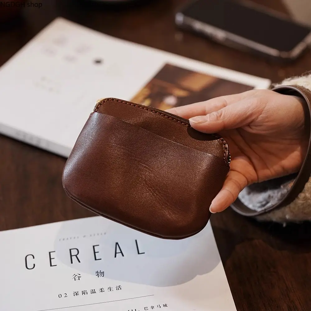 Genuine Leather Coin Purse for Women Men, Vintage Oil Wax Cowhide Small Zipper Wallet, Minimalist Mini Pouch Change Holder for Card Keys, Aesthetic Avocado Green Pocket Purse Anniversary Gift