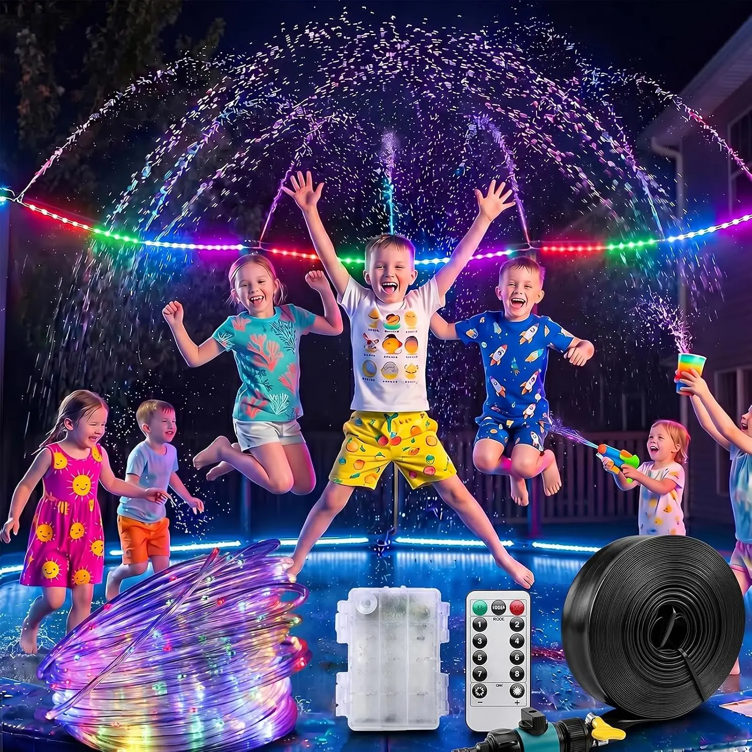 16-Color LED Plastic Trampoline Sprinkler - Outdoor Summer DIY Toy Accessory for 8-12FT Trampolines, Color-Changing Water Spray, Cooling Mist Fun Item, Led Trampoline Sprinkler