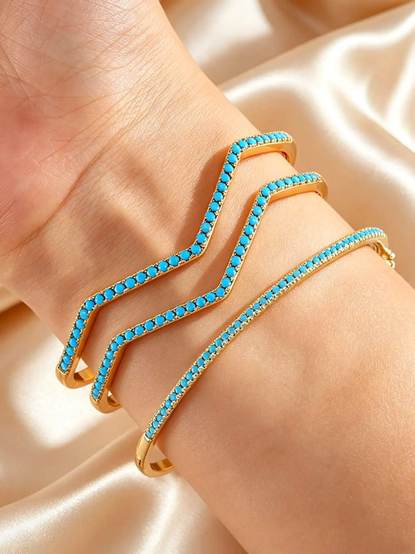 3-Piece Blue Zircon Copper Bracelet Set, Unisex Casual Jewelry, Waterproof and Fade-Resistant, Perfect for Daily Wear, Parties, Vacations