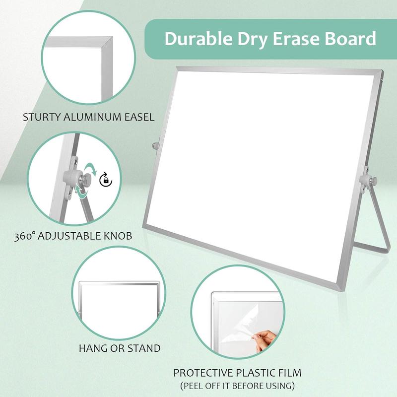 Dry Erase White Board, 16inX12in Large  Desktop Whiteboard with Stand, 10 Markers, 4 , 1 Eraser, Portable Double-Sided White Board Easel for  Memo  Desk School