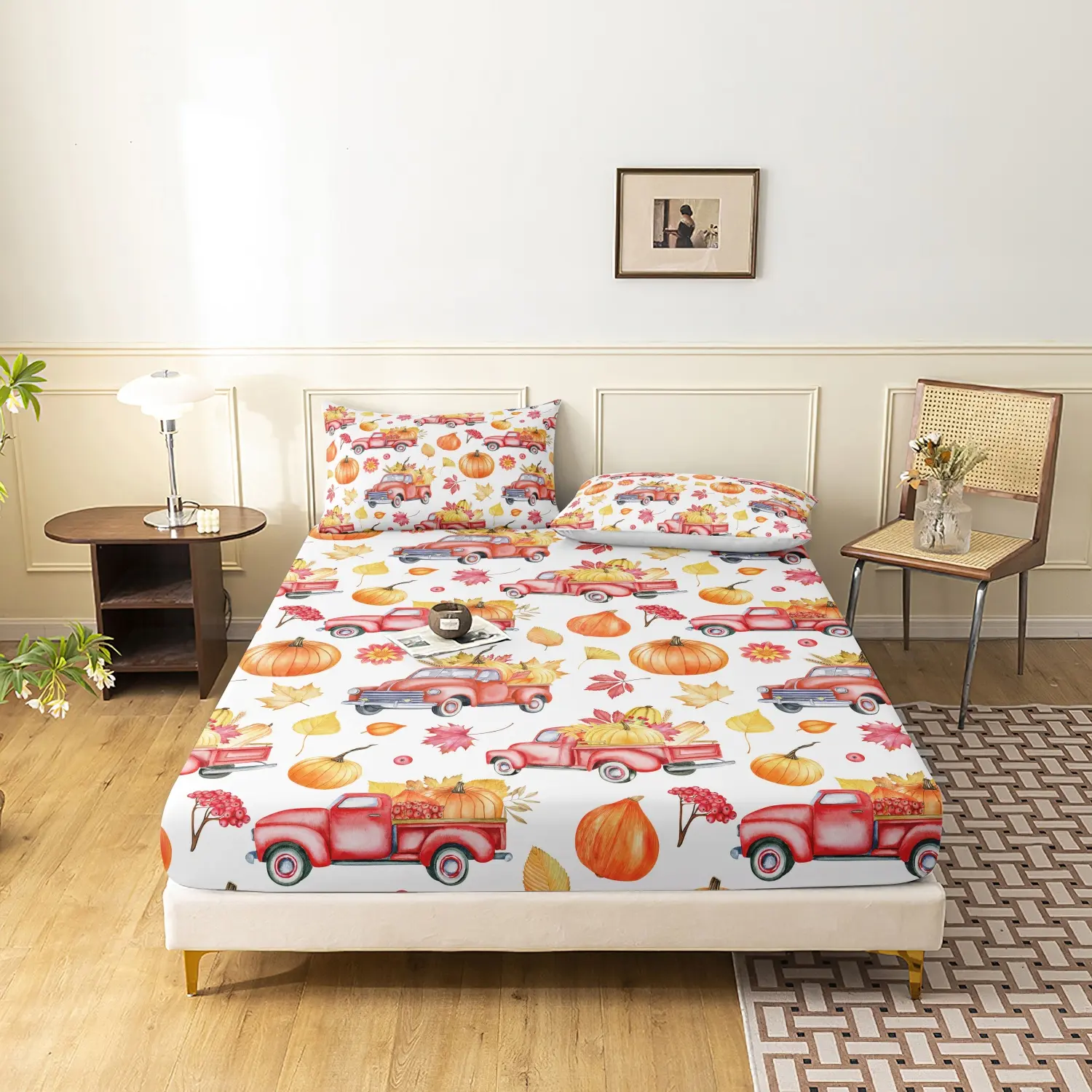 3 Pieces Vintage Red Truck Pumpkin Maple Leaf Print Fitted Sheet Set, Watercolor Autumn Harvest Floral Berry Print Bedding, Soft Microfiber Farmhouse Seasonal Bedroom Decor (1 Fitted Sheet + 2 Pillowcases, No Pillow)