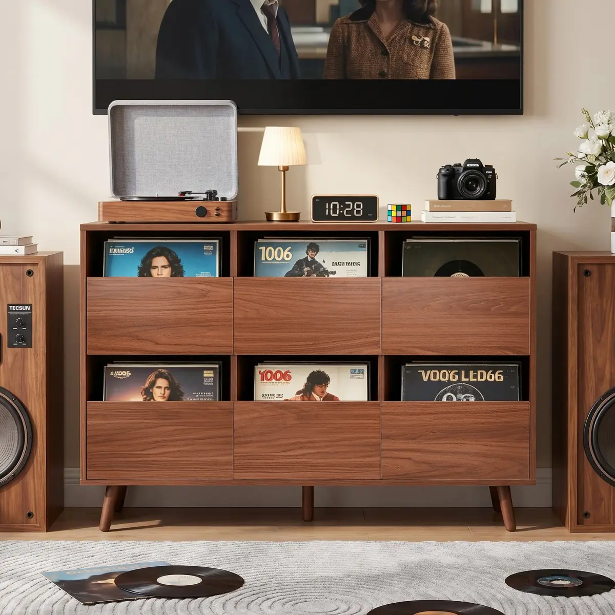 44.1" Large Record Player Stand, Mid Century Turntable Stand,Vintage Player Table with Spacious Storage, Vinyl Record Holder for Bedroom Living Room (Walnut) with 6 Storage Compartments