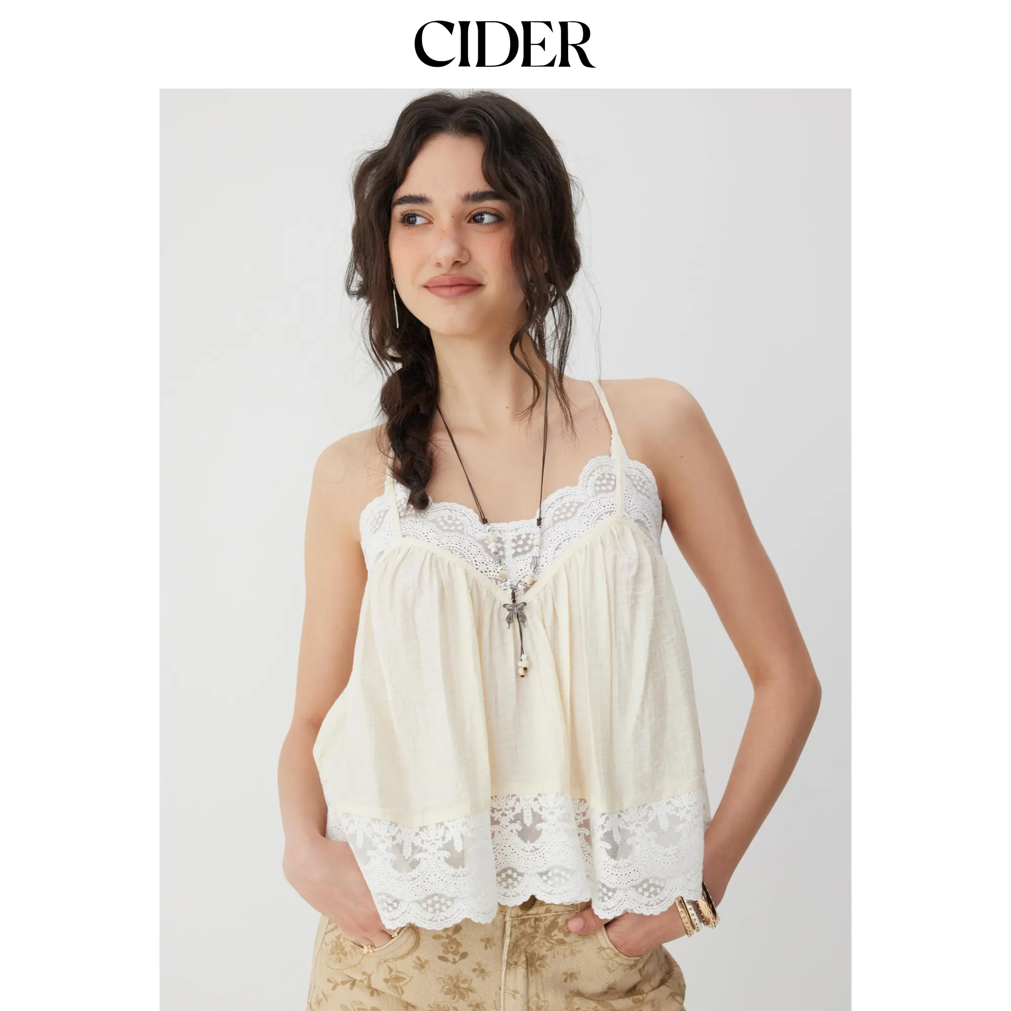 Cider Cotton-blend Lace Trim Ruffle Hem Oversized Cami Top SummerWins SummerFinds