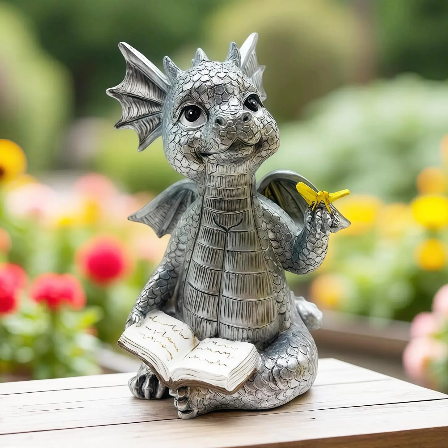 Cute Dragon Reading Book Statue, 5.9-Inch Tall Dinosaur Holding Butterfly Figurines Art  Sculpture Outdoor Garden Decor  Desk Ornaments