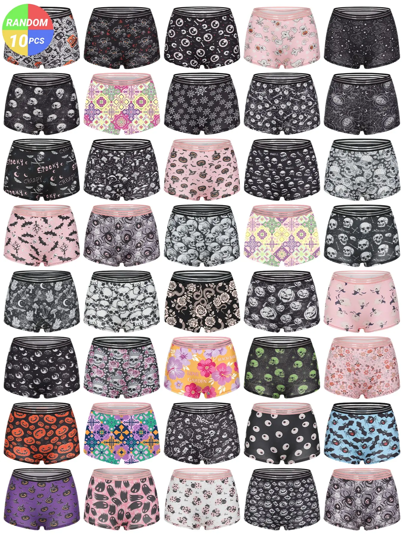 Morvia 10pcs Women's Random Boyshorts Underwear Set, Comfortable Soft Elastic Waistband, Casual Fitted Design, All Season Wear, Random Prints