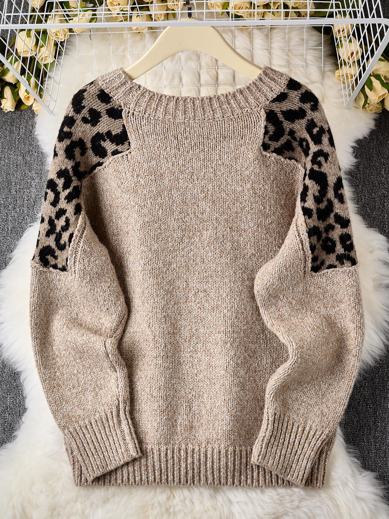 Women's Leopard Print Knitted Sweater, Casual Loose Long Sleeve Round Neck Jumper for Fall & Winter, Fashion Ladies' Knitwear for Daily Wear