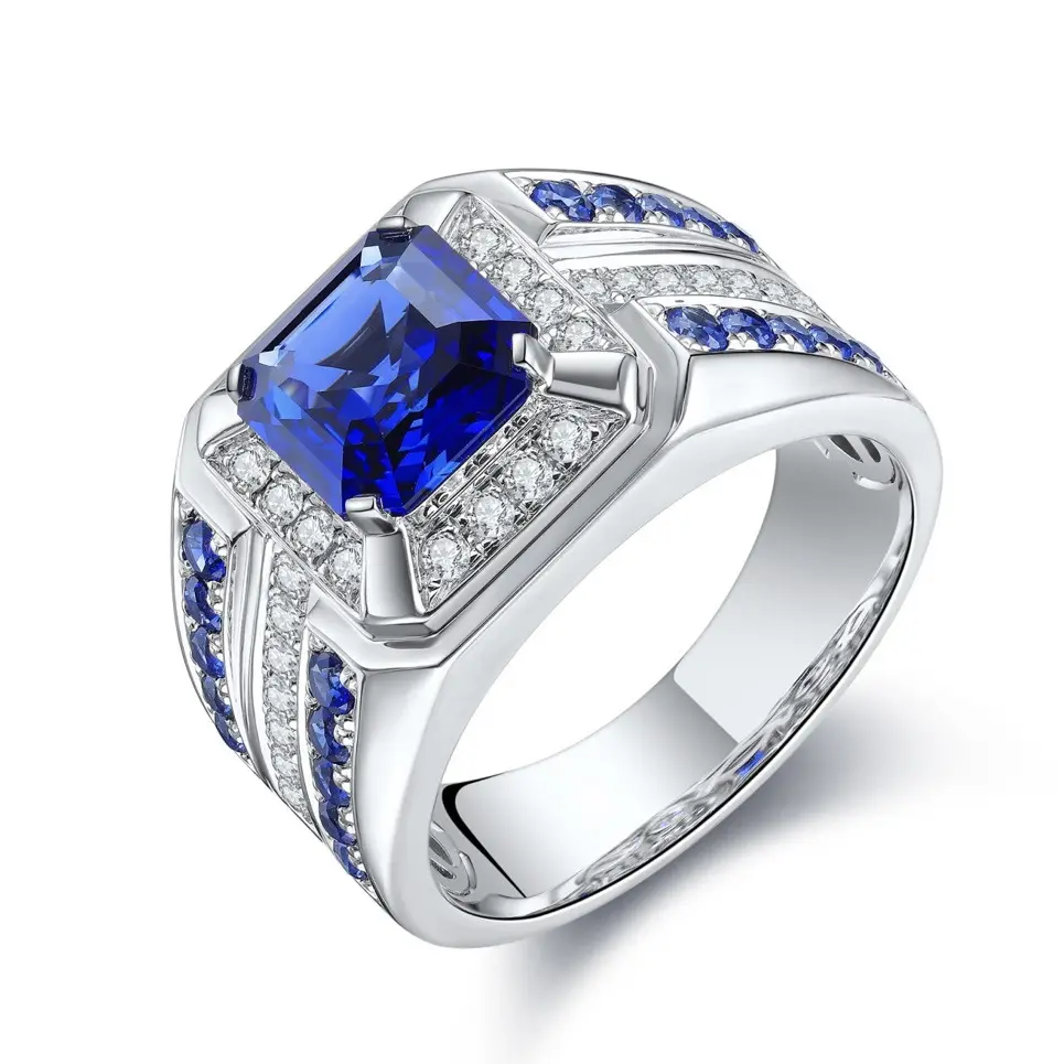 Vintage Royal Blue Tanzanite Signet Ring for Men White Gold Plated Layered Paved Diamond Sapphire Heavy Wide Band Luxury Business Jewelry