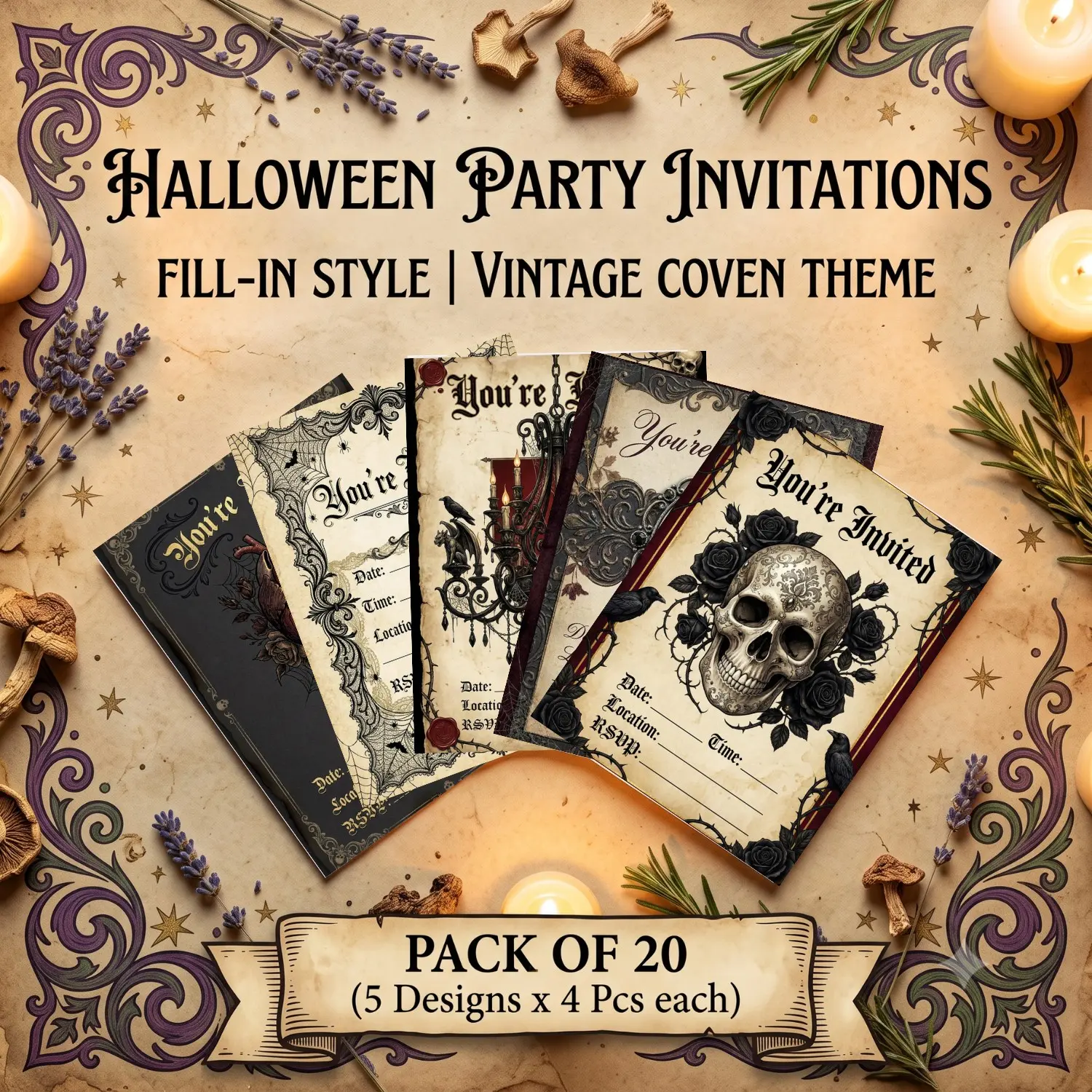 Elegant Macabre Halloween Party Invitations Set, 20 Pack 5x7 Inch Fill-In Cards with Envelopes, Perfect for Spooky Celebrations