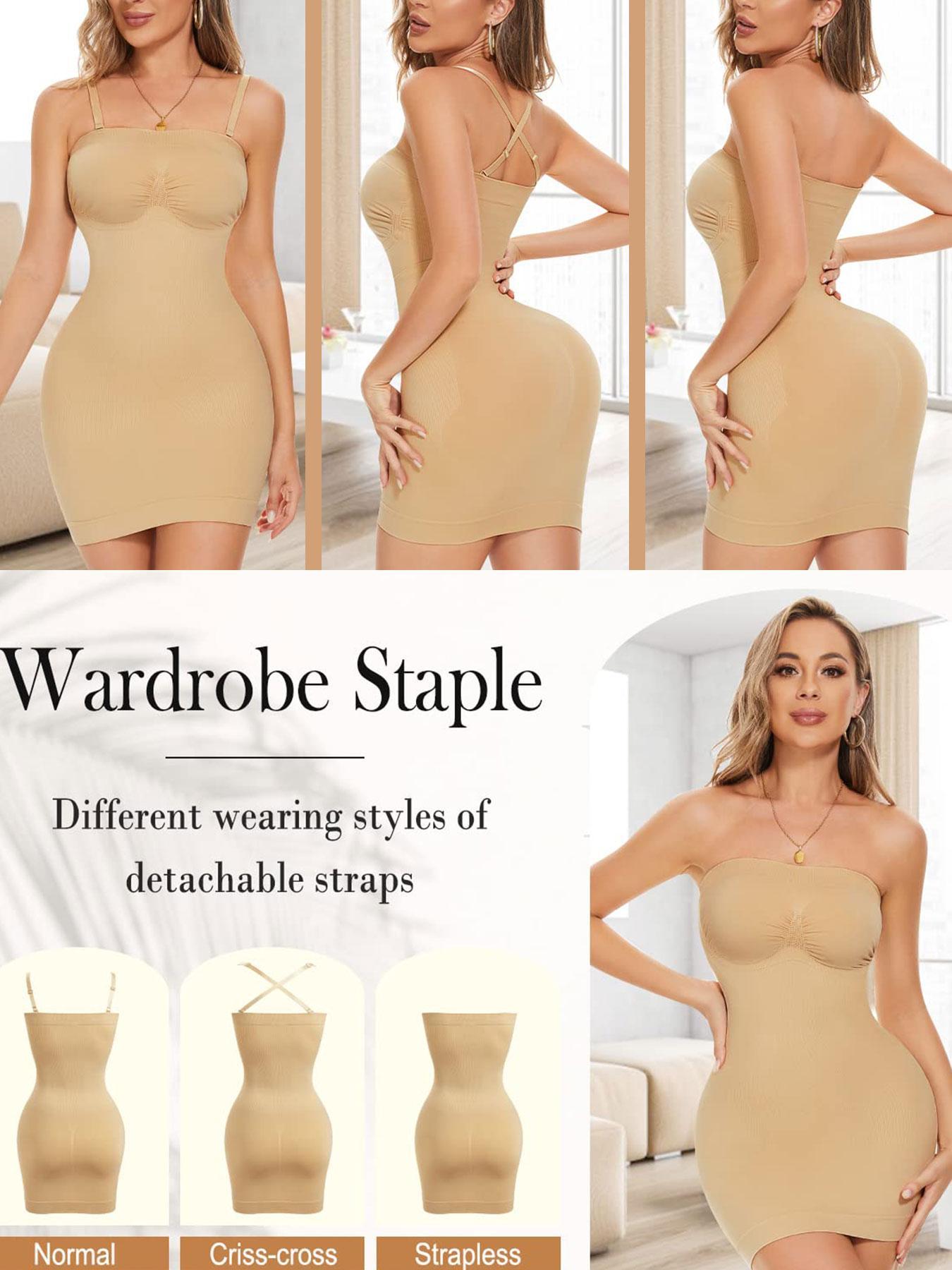 Women's Plain Casual Shapewear Dress With 1 Pair Detachable Straps, High Stretch Seamless Camisole Dress, Tummy Control Slimming Bodyshaper, Women's Underwear & Shapewear