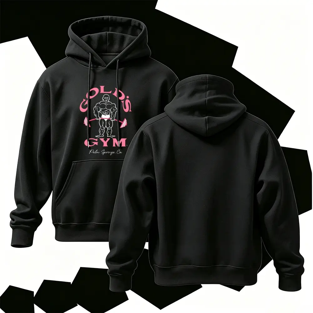 Gold’s Gym Palm Springs Graphic Hoodie Pink Bodybuilder Weightlifter Print Pullover Vintage Bodybuilding Workout Gym Streetwear Hooded Sweatshirt