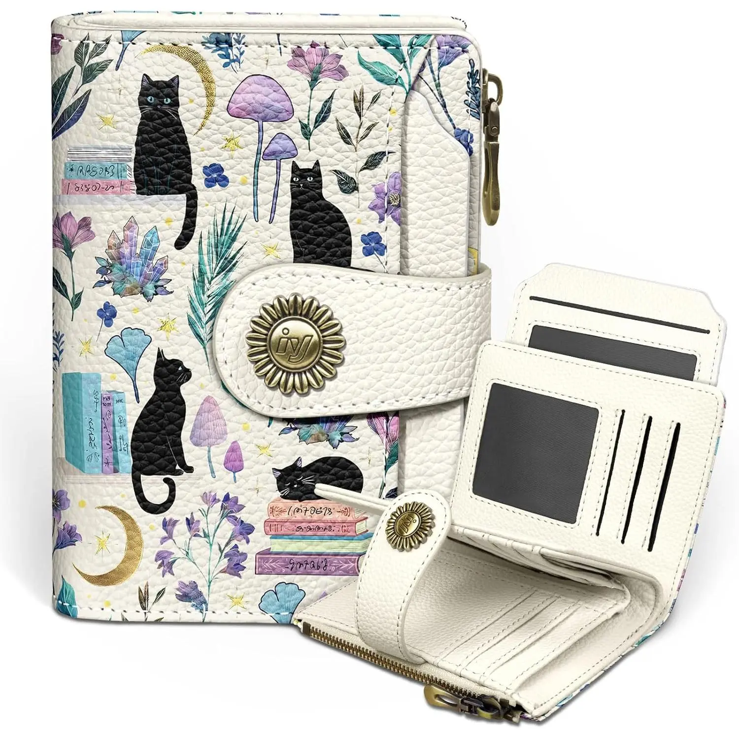 Women's Cute Cat PU Leather Bifold Wallet, RFID Blocking Foldable Multi-Compartment Purse with 14 Card Slots, Detachable ID Holder & Zipper Pouch, Compact, Buckle, Bifold/Trifold Wallet, 14 Slots, Card Holder, Includes Coin Pouch, Travel, Double Button, D