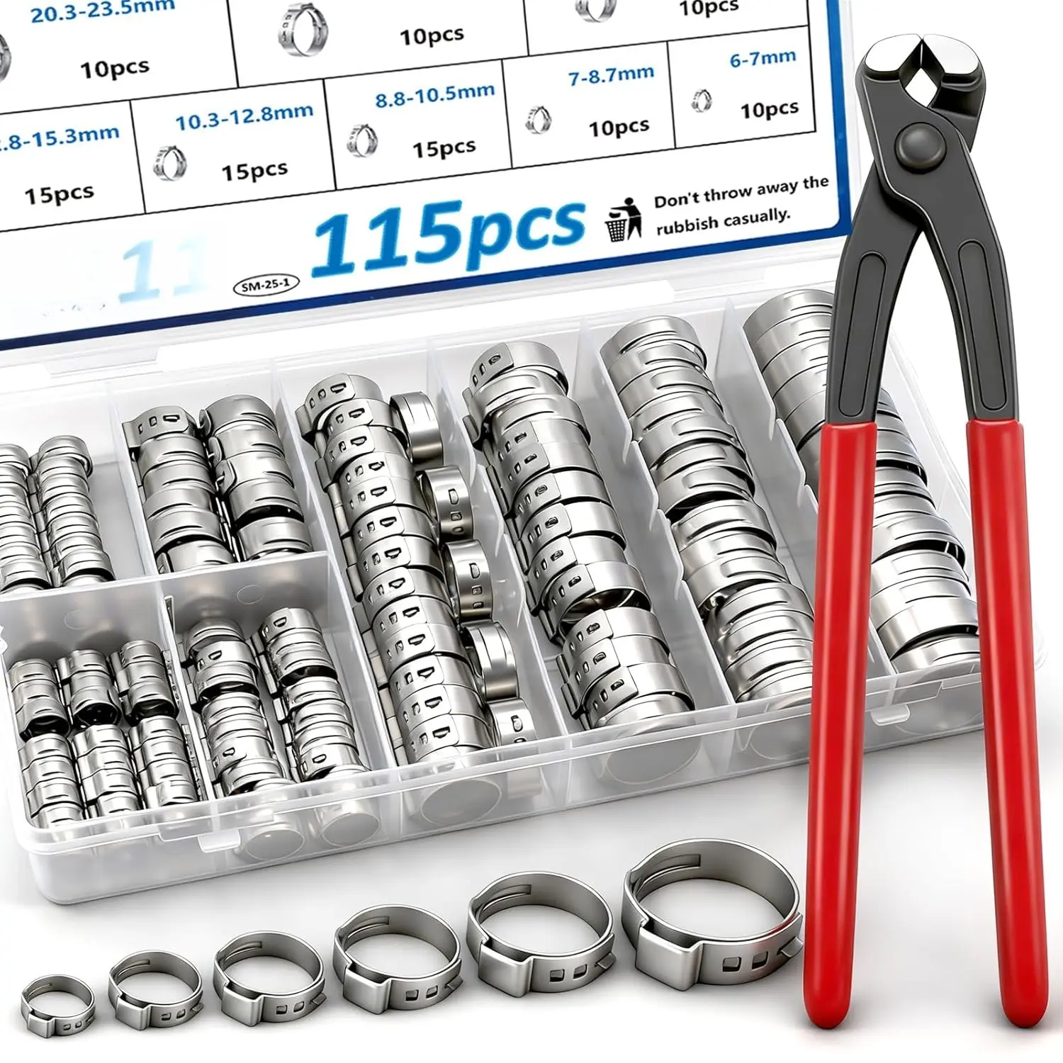 115 count 10-Sizes 304 Stainless Steel Single Ear Hose Clamps with Ear clamp plier 6-28.6mm Crimp Hose Clamps  Kit for Auto/ Appliance/Pipe/ Line Stepless hose clamp with pincer