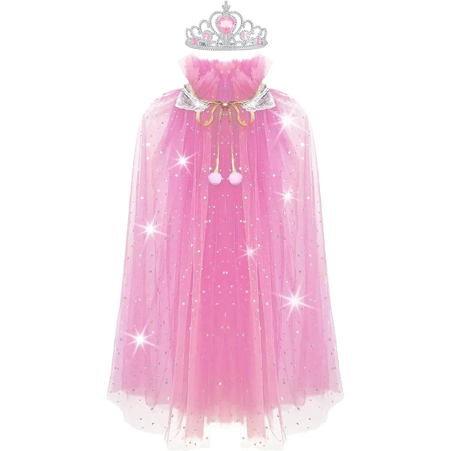 Princess Cape for Girls Sequins Cloak Dress Up Costume with Crown Soft Tulle Halloween Christmas Birthday Party Gift(Gift)