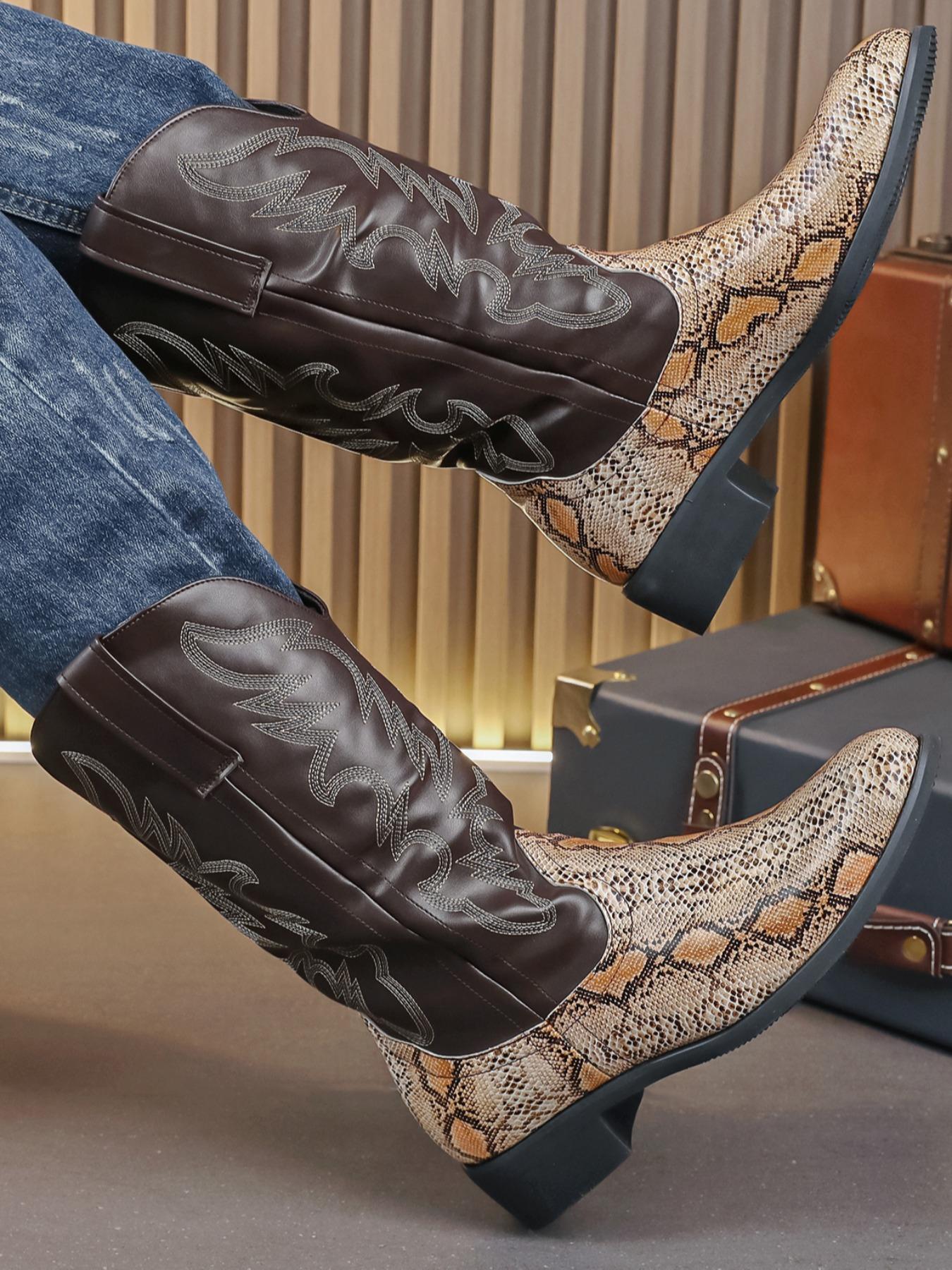 Men's Fashionable Snakeskin Print Embroidering Design Boots, Punk Style Cowboy Boots for Daily Wear, Western Embroidered Boots, Fashion Vintage Shoes for Party, Daily Clothing Decor Footwear