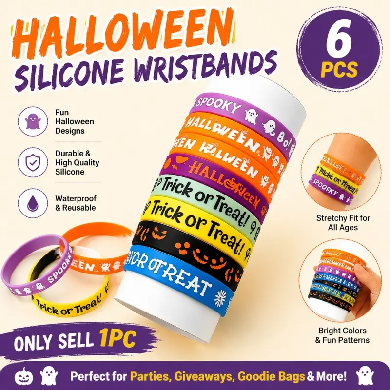 Halloween Silicone Wristbands, Trick Or Treat Pumpkin Ghost Printed Rubber Bracelets, Kids Halloween Party Favors Goodie Bag Fillers, Boys Girls Carnival Swap Meet Holiday Birthday Exchange Gifts