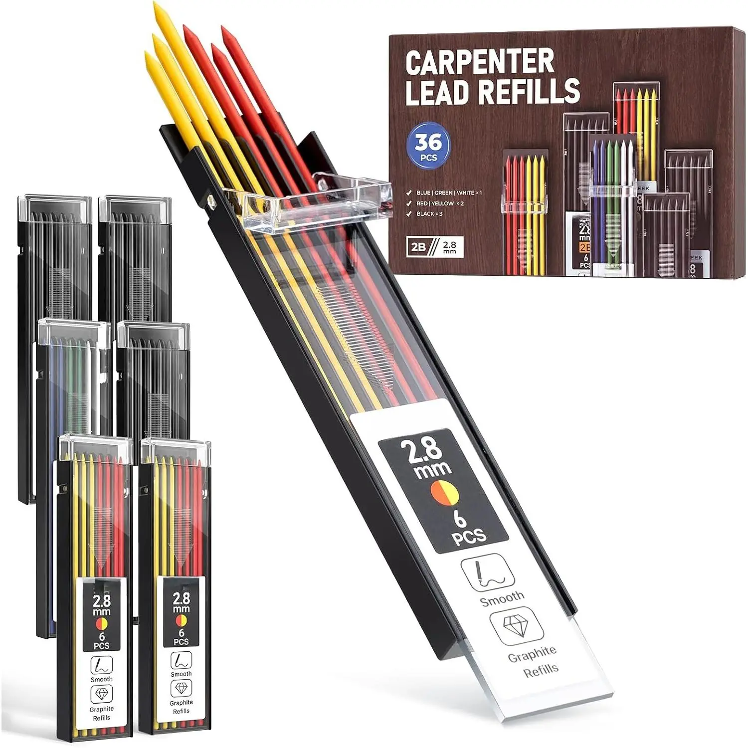 2.8mm Lead Refills, 36 count | Carpenter Pencil Refills, Break Resistant for Mechanical Pencils, Construction, Woodworking & DIY with 6 Colors