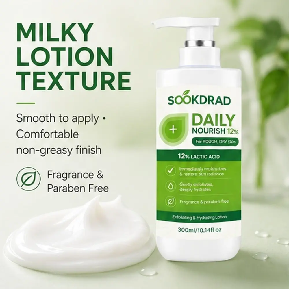 exfoliating hydrating lotion, 12% lactic acid, moisturizing, exfoliating, deeply hydrating, restoring skin radiance, fragrance free, paraben free, for rough dry skin, 300ml/10.14fl oz