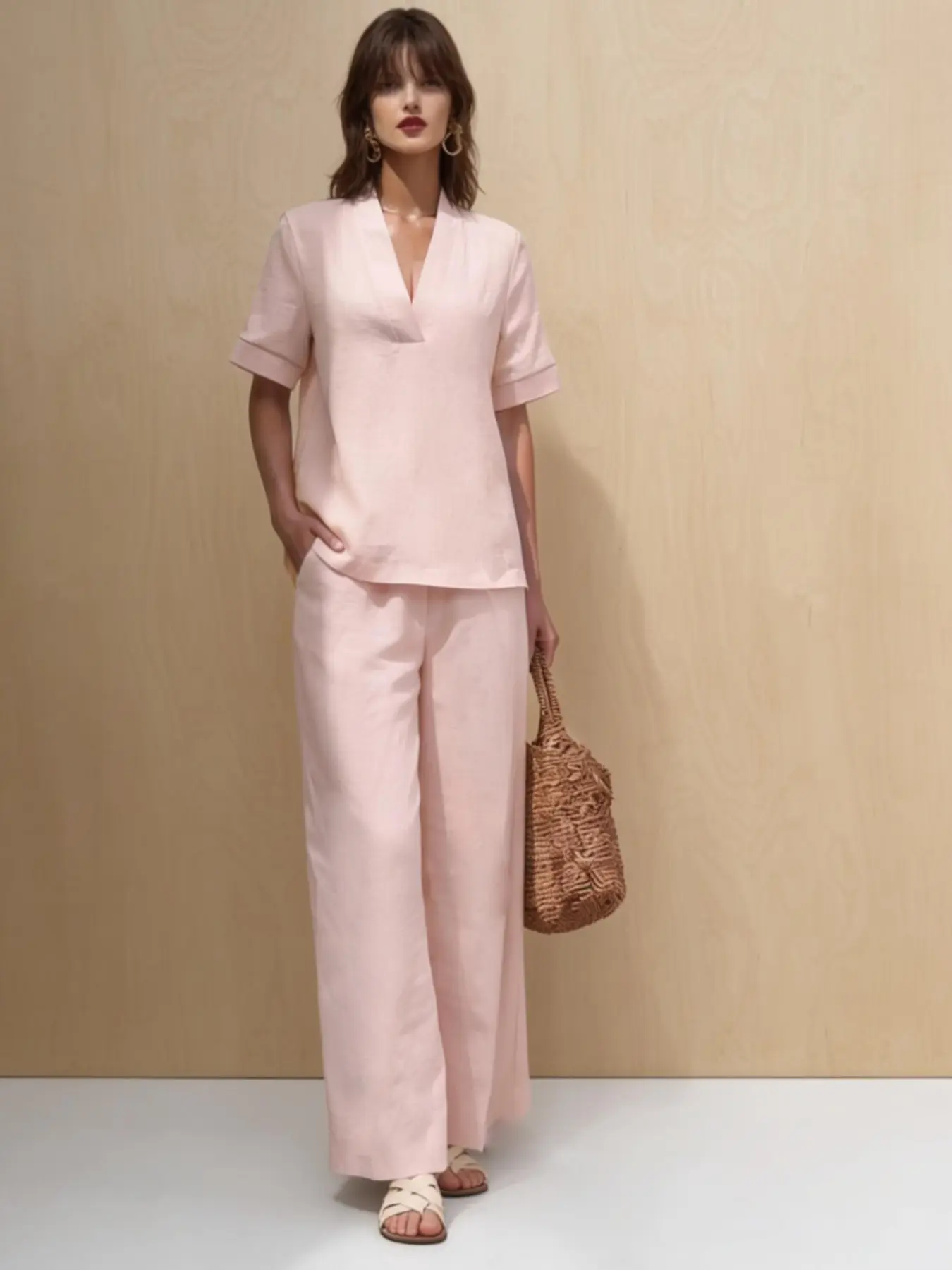Women's Summer Two-Piece Set, V-Neck Short Sleeve Top and Wide Leg Pants, Breathable Casual Everyday Fashion, Loose Fit Comfortable