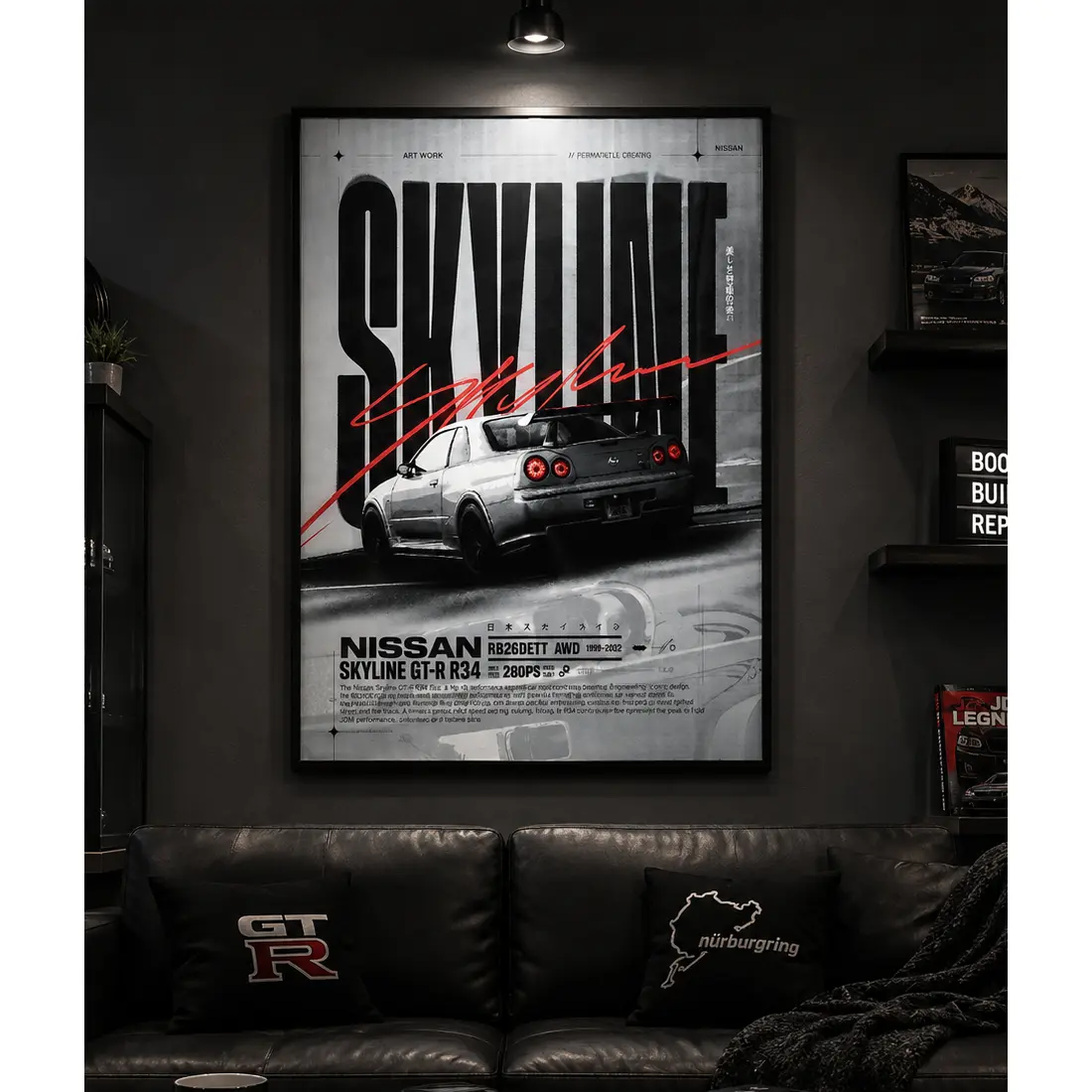 Nissan Skyline GT R R34 Canvas Wall Art Poster JDM Sports Car Automotive Decor Skyline GTR Aesthetic Print HD Garage Man Cave Bedroom Living Room Office Wall Decoration Gift for Car Enthusiasts