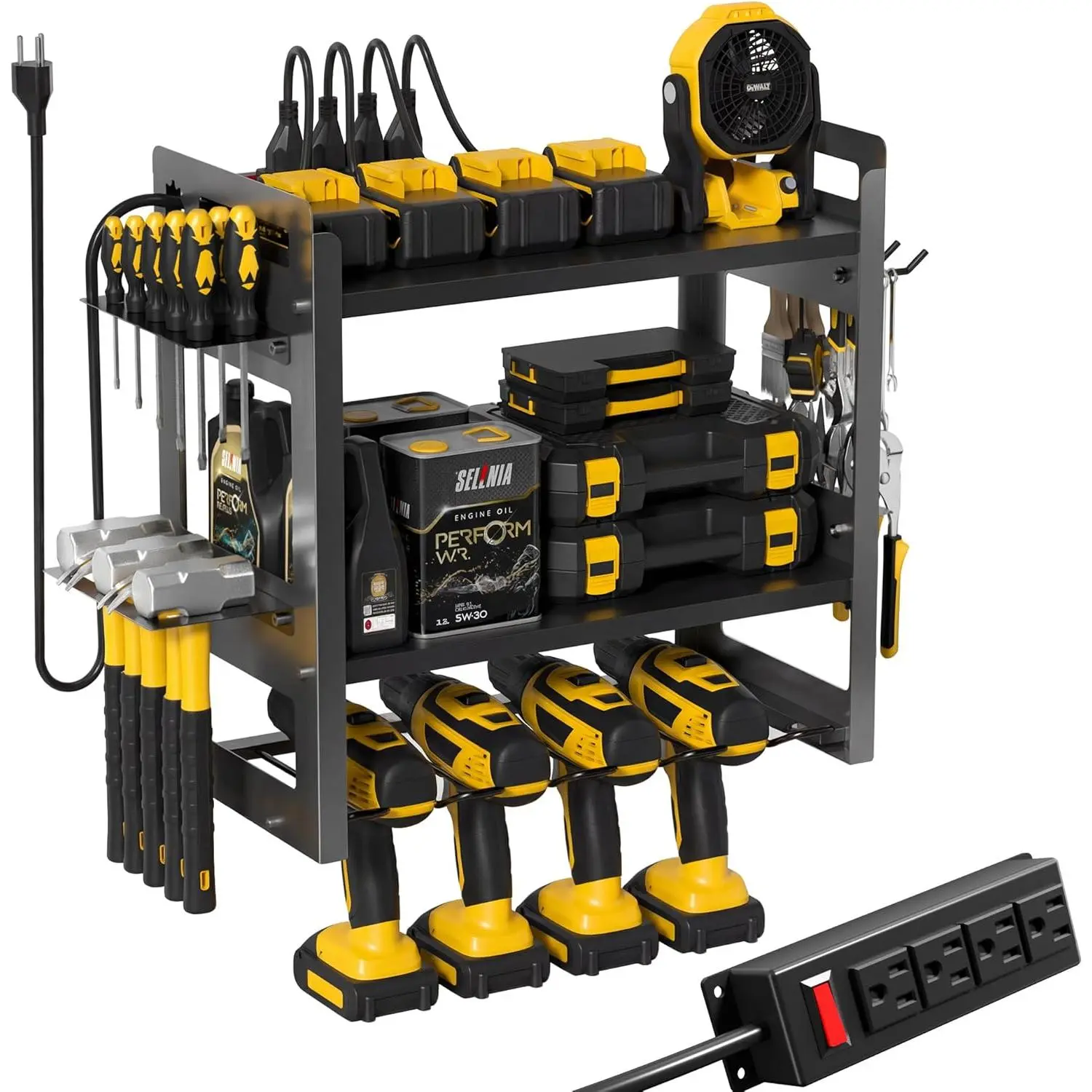 Power Tool Organizer Wall Mount with Charging Station, 3-Tier Heavy Duty Metal Tool Rack with 4 Drill Holders and 6FT Power Strip, Garage Workshop Storage.Black