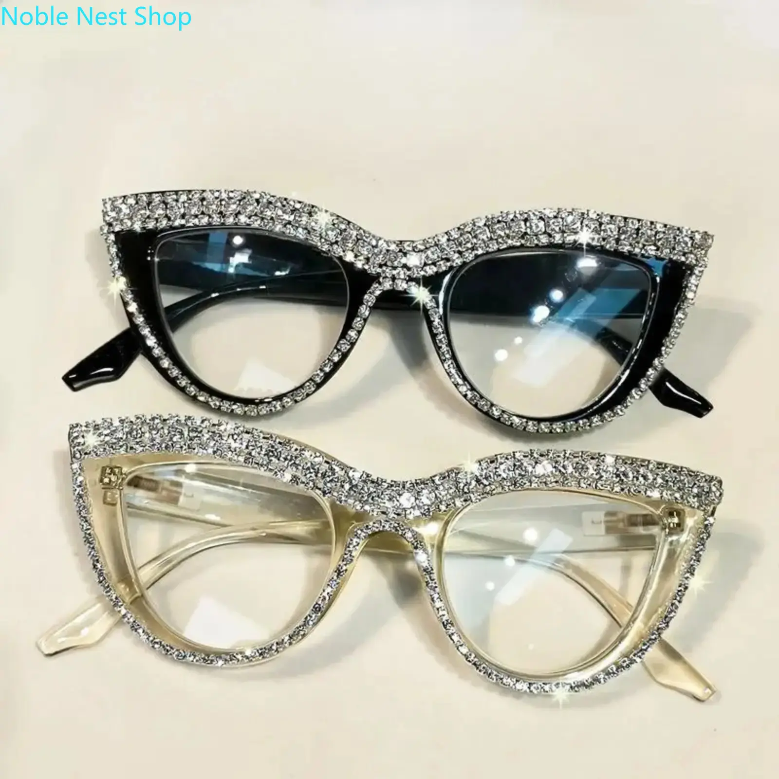 2-Pack Cat Eye Glasses for Women with Crystals, Full Rim Polycarbonate Frames & Anti Strain Blue Light Blocking Lenses for Computer Use, Eyewear, Office, Daily Wear, Pc, Unisex