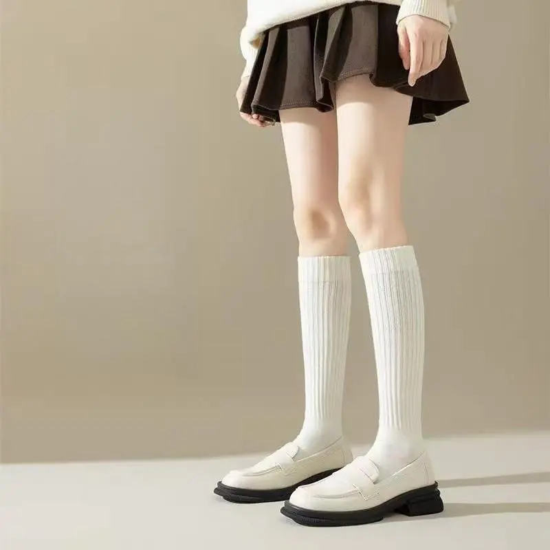 Women's 5-Pair Thick Cute Slim-Fit Solid Color Calf Boot Socks with Side Stripes, Textured Casual Lady Socks, Baroque Glamorous Funky Fashion Basics, Machine Washable Fall-Winter Necessities