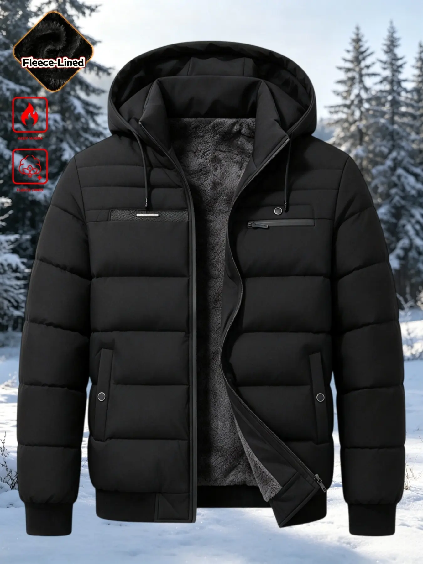 Men's Hooded Quilted Jacket, Long Sleeve Slim-Fit, Solid Color, Business Casual, Winter Outerwear Coats, Perfect Gift for Him