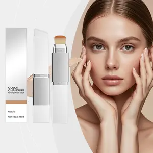 Color Changing Foundation Stick with Built-In Applicator Brush Natural Shade Lightweight Breathable Base Makeup, Silky Sheer Texture Blends Easily for Soft Matte Clear Complexion, Adjusts to Match Natural Skin Tone, Portable On-The-Go Face Foundation for