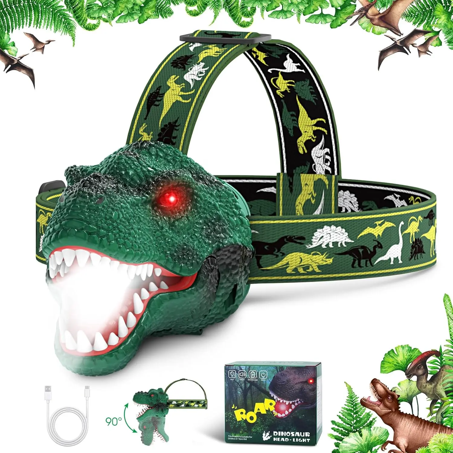 Kids Headlamp,Rechargeable T-Rex Dinosaur Headlamp  Kids and LED Head Lamp Camping Gear Flashlight,Hiking Accessories Headlight Toys,Four Light Modes   Reading/Party Gift
