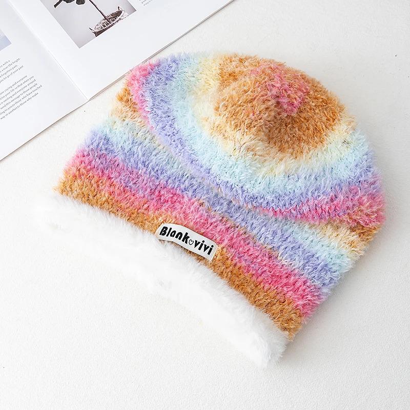 Hot Sale Loose Chic Hat Lazy Style Gradient Beanie Hat Fashion Winter Hats For Women Streetwear Multicolour Warm Hats For Girl