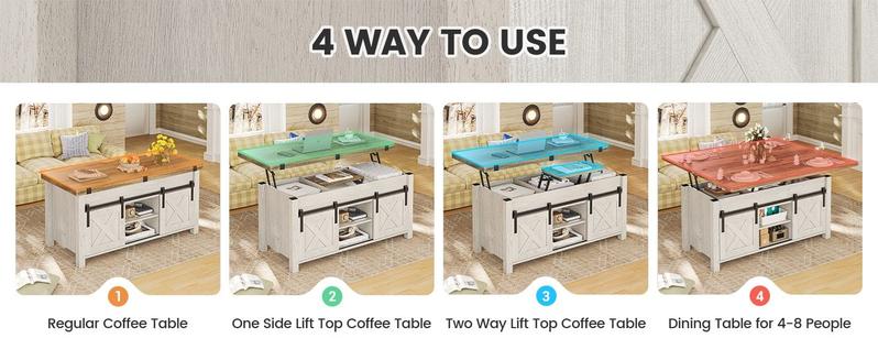 4 in 1 Multi-Function Lift Top Coffee Table with Storage and Hidden Compartment White