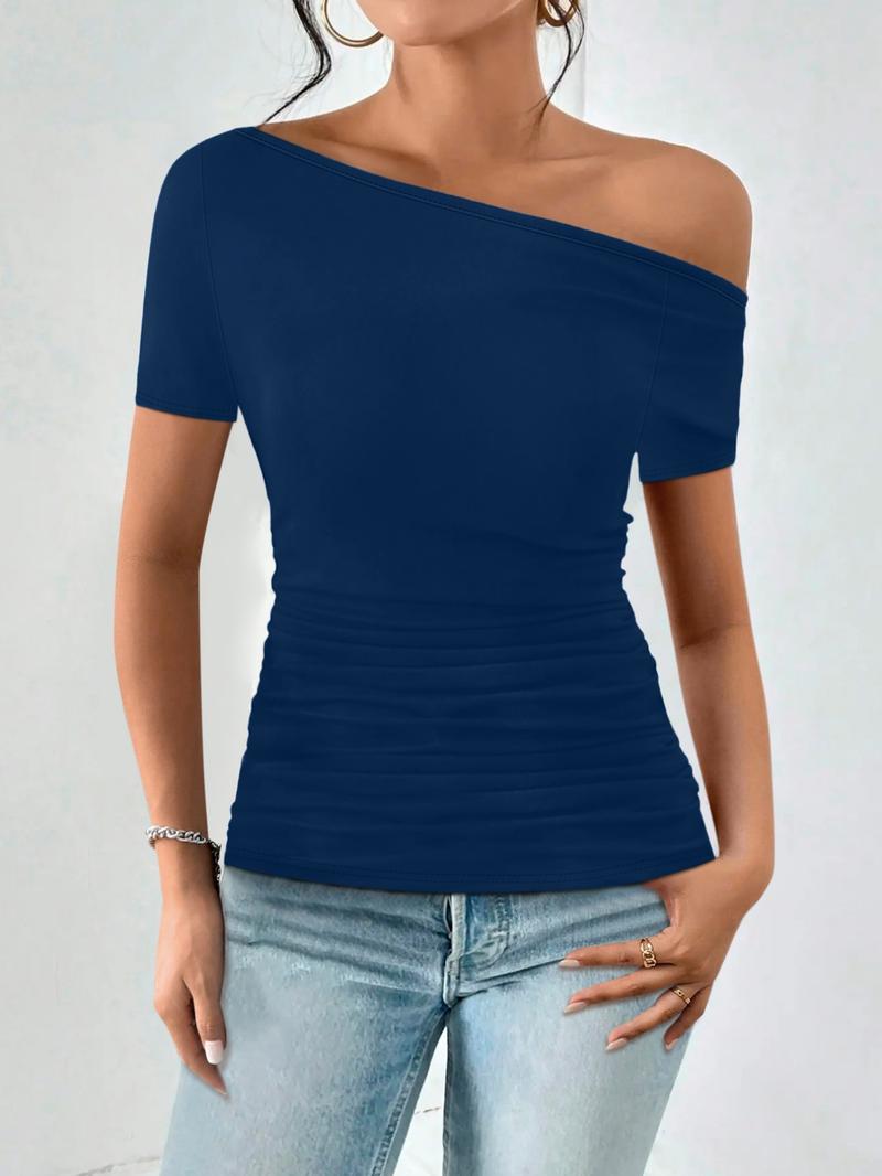 Women's Plain Asymmetrical Neck Tee, Casual Short Sleeve T-shirt for Summer, Women's Top for Daily Wear, Tops for Women, Tshirt, Lady