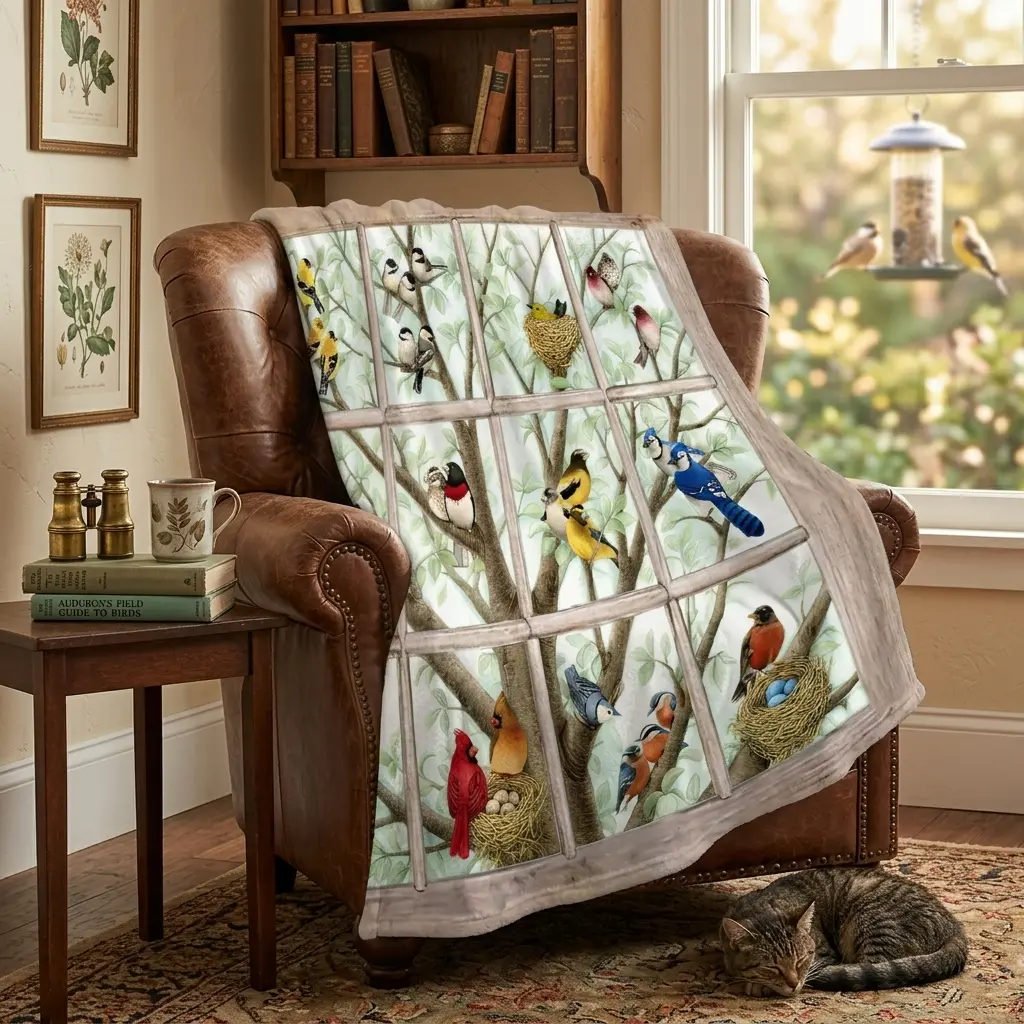 Bird Watching Single-Sided Flannel Blanket, Colorful Garden Birds & Nest Window Print Soft Cozy Throw Blanket, Lightweight Fleece Blanket for Sofa Bed Bedroom, Nature Lover Home Decor Gift