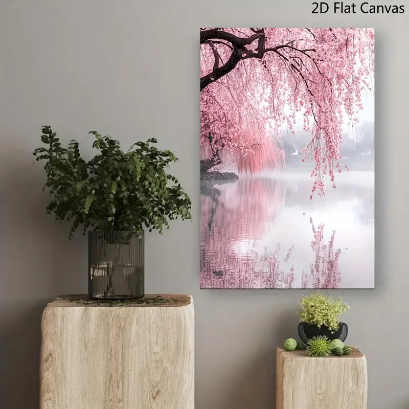 A Serene Lake-Side Style Oil Painting Featuring Pink Cherry Trees Canvas Wall Art - Framed, Ready To Hang - For Living Room Office - Perfect Gift For Her Christmas New Year - Wall Decor, Home Decoration