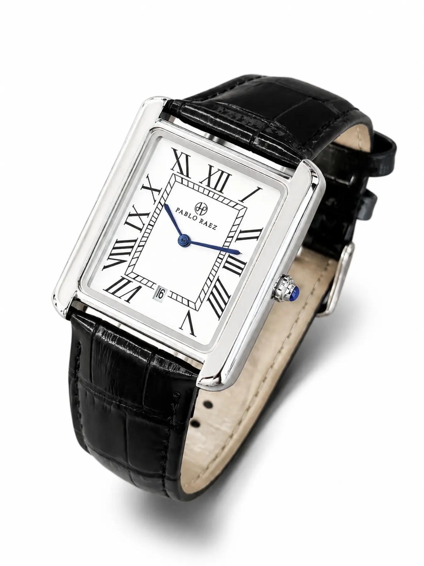 Men's Quartz Wrist Watch, Classic Square Tank Case Silver Tone, White Dial Roman Numeral Markers Blue Hands Date Window, Black Crocodile Pattern Leather Strap Waterproof Business Dress Watch, Analog Wristwatch, Gift for Men