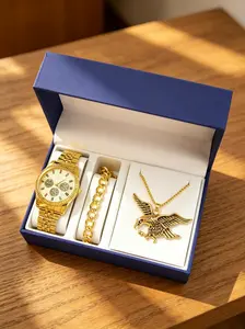 Men's Watch Gift Set, Eagle Wing Pendant Bracelet Set, 3pcs Set, All Seasons, Embroidery Pattern, Zinc Material, No Choking Hazard, Jewelry Sets