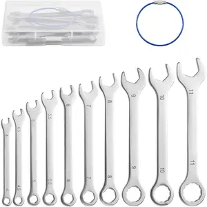 10Pcs-Thin Metric Mini Combination Wrench Set - 4mm-11mm Stainless Open & Box End Wrenches with 6-Inch Blue-Coated Cable Lock & Case