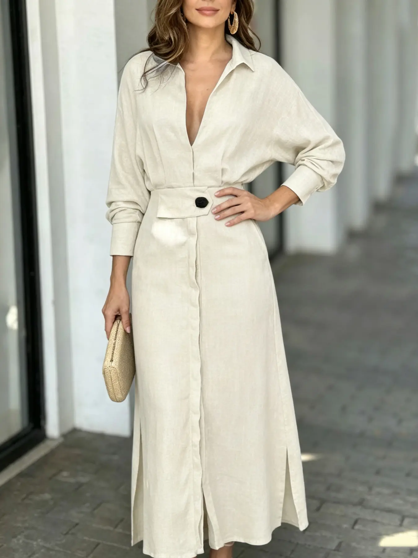 A women's fashionable urban style commuting retro high waist slimming versatile casual dress, V-neck design, suitable for spring, suitable for home relaxation, casual office, light business dating.