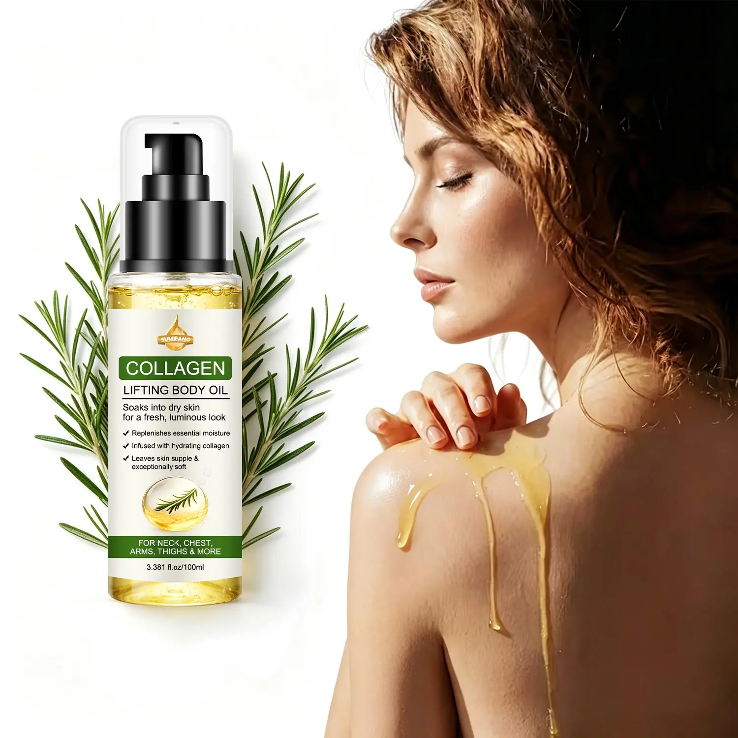 SUMIFANG Collagen Firming Body Oil 100ml – Collagen + Peptide Complex + Rosemary – Firms and lifts sagging skin, nourishes and soothes dryness, lightweight and non-greasy finish.