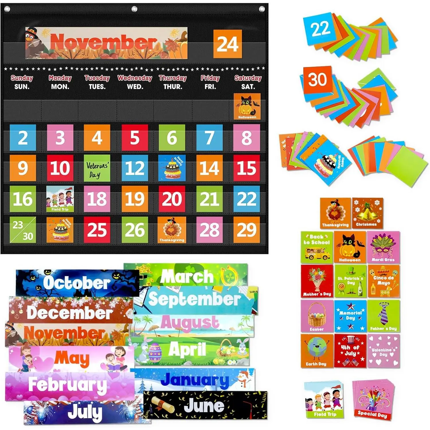 Durable Nylon Wall Classroom Calendar Pocket Chart with 88 Cards - Ideal for Homeschool & Office Early Learning (Black)