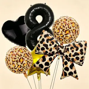 8-Piece Leopard Print Bow Number Balloons Set, 32-Inch Aluminum Foil Balloons, Y2K Party Decor, Halloween, Christmas