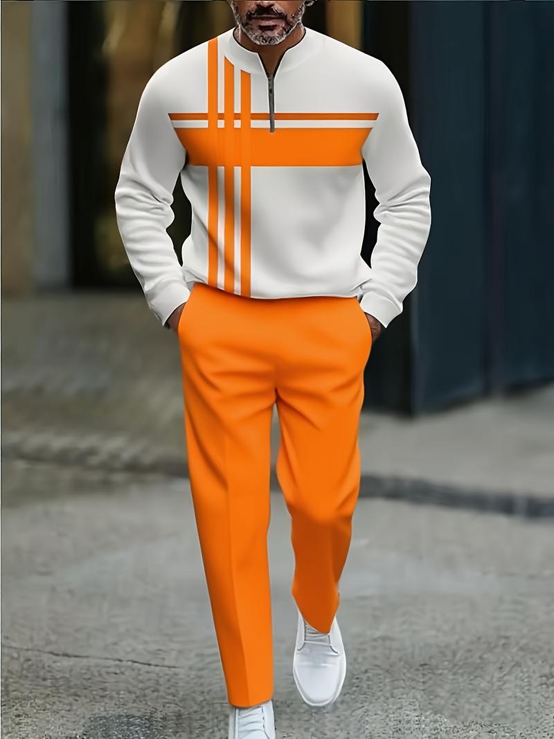 Half Zipper Fashion Casual Set with Trendy and Personalized Stripe Design, Simple, Comfortable and Versatile Half Zipper Fashion Casual Set with Trendy and Personalized Stripe Design, Simple, Comfortable and Versatile