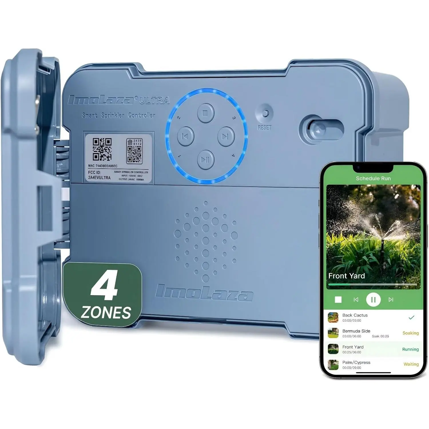Outdoor Sprinkler Controller, 4-Zone Ultra WiFi Sprinkler Timer |  lawn irrigation: water saving, weather-based, soil saturation skip, easy App control, works with Alexa, fault
