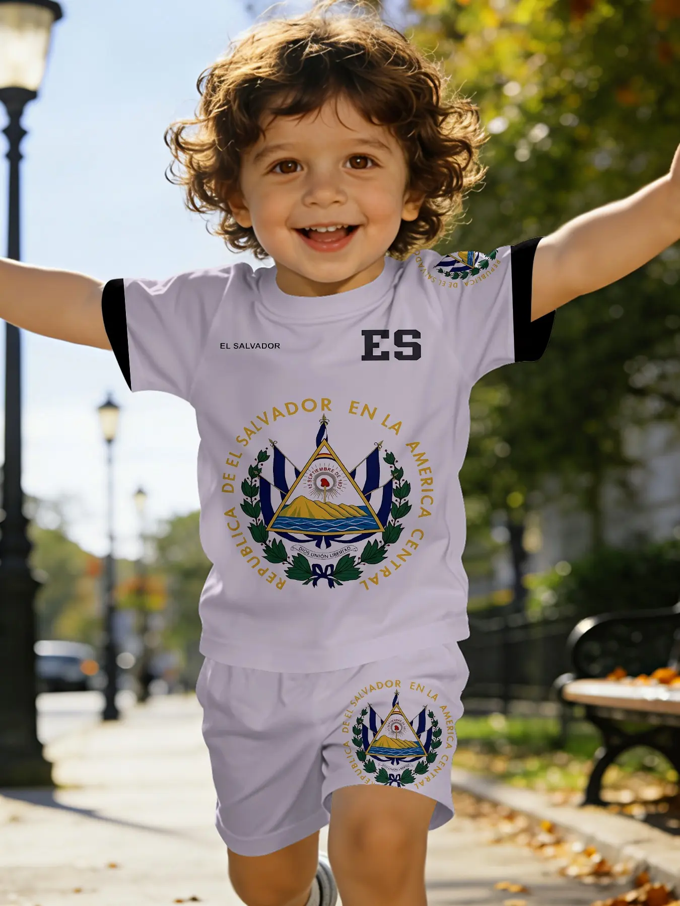 Baby Boys El Salvador National Emblem Print Short-Sleeve T-Shirt Set, 100% Polyester Summer Outfit for Daily Wear and Outdoor Activities