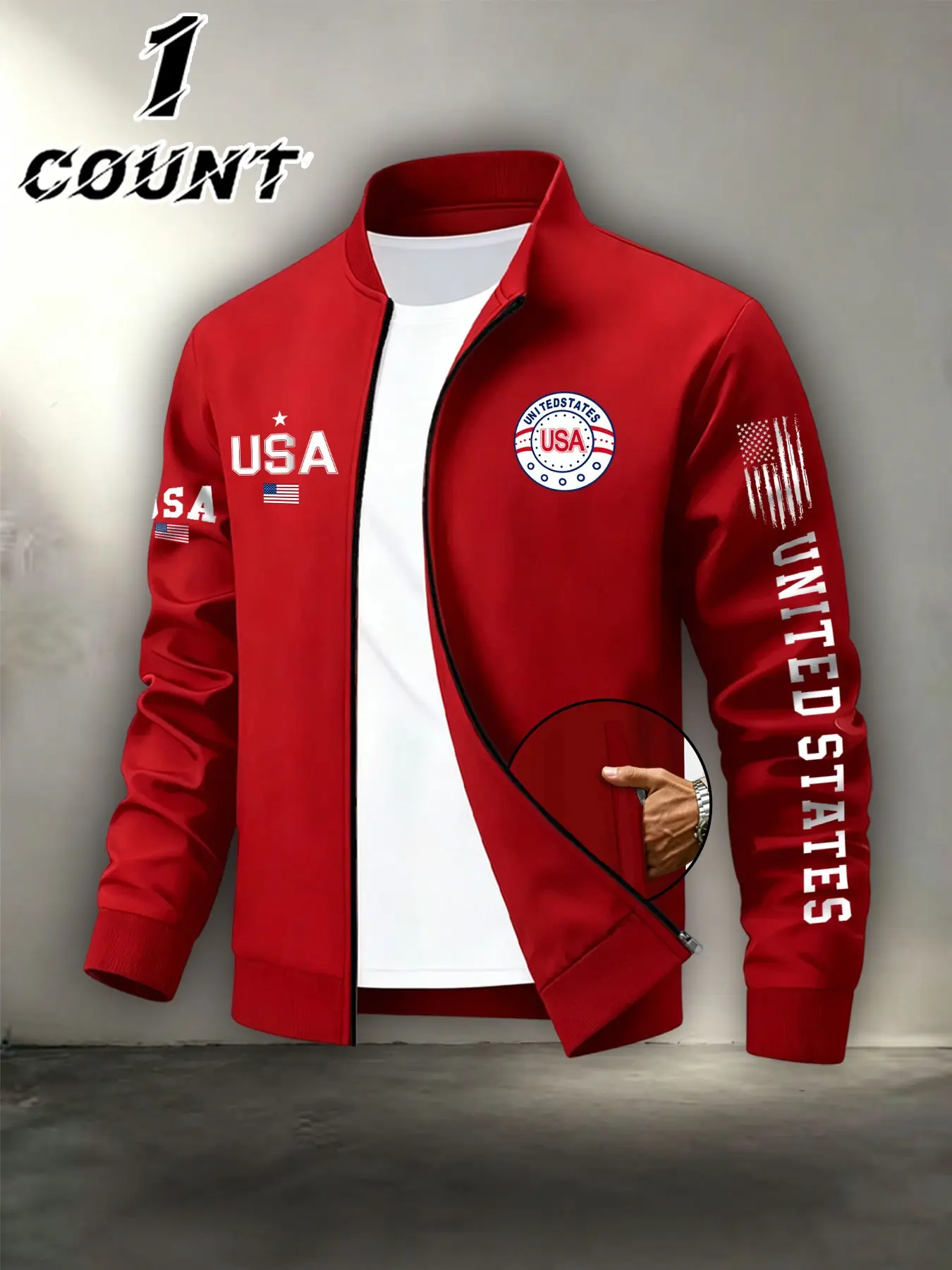 American Style Letter Print Baseball Jacket, Zipper Casual Outerwear, Men's Patriotic Daily Commute Flight Suit Top, Comfortable and Stylish
